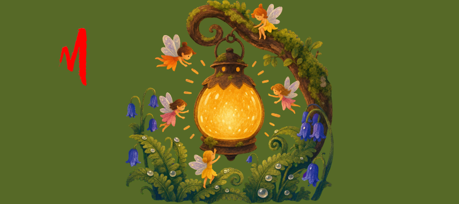 Illustrazione con le fate del bosco e una lanterna