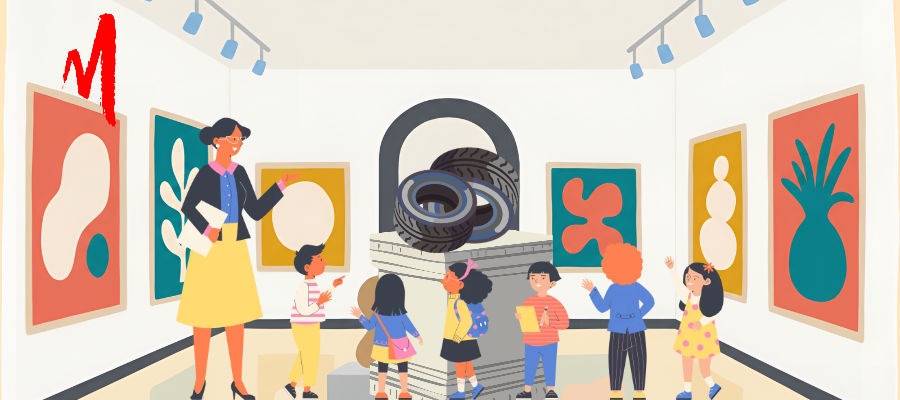 Illustrazione con bambini intorno a una scultura che raffigura due pneumatici